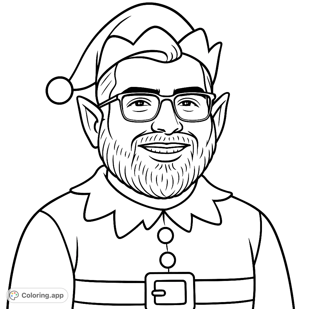 A cheerful man in a festive elf costume, complete with a pointed hat and detailed tunic, smiling brightly. Perfect for holiday fun and fantasy enthusiasts!