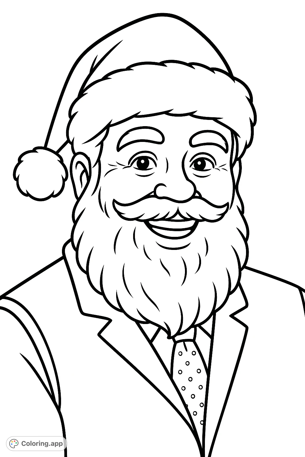 Celebrate the season with this jolly Santa portrait coloring page! A friendly Santa with a big beard and hat, perfect for festive fun.