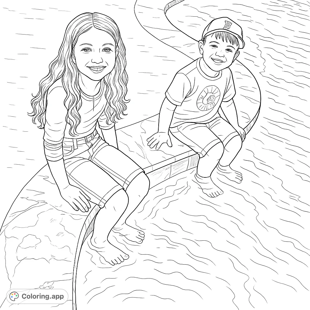 Two cheerful children enjoying a relaxing moment by the swimming pool, dipping their feet in the water on a warm day. Perfect for a fun summer coloring activity.