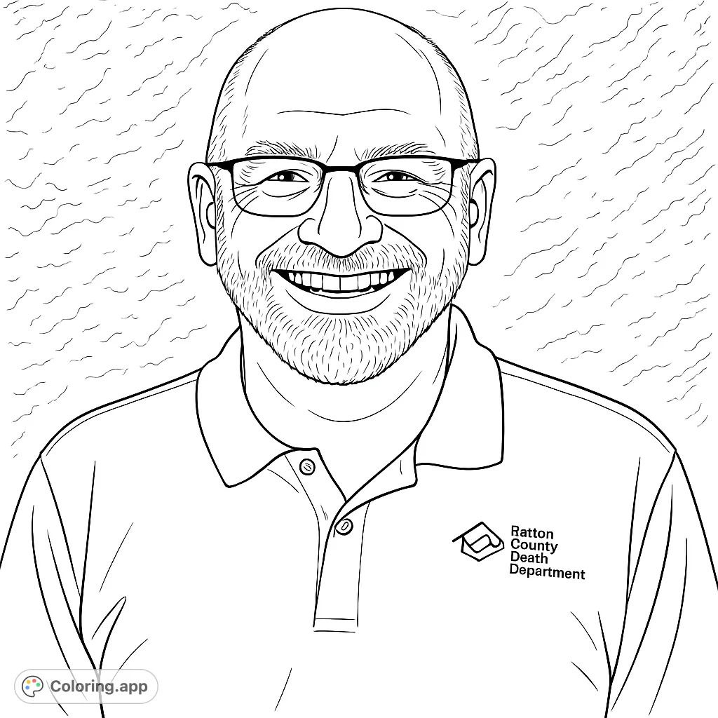 A friendly portrait of a smiling man with a beard and glasses, wearing a collared shirt. Features a detailed logo, perfect for personalized coloring.
