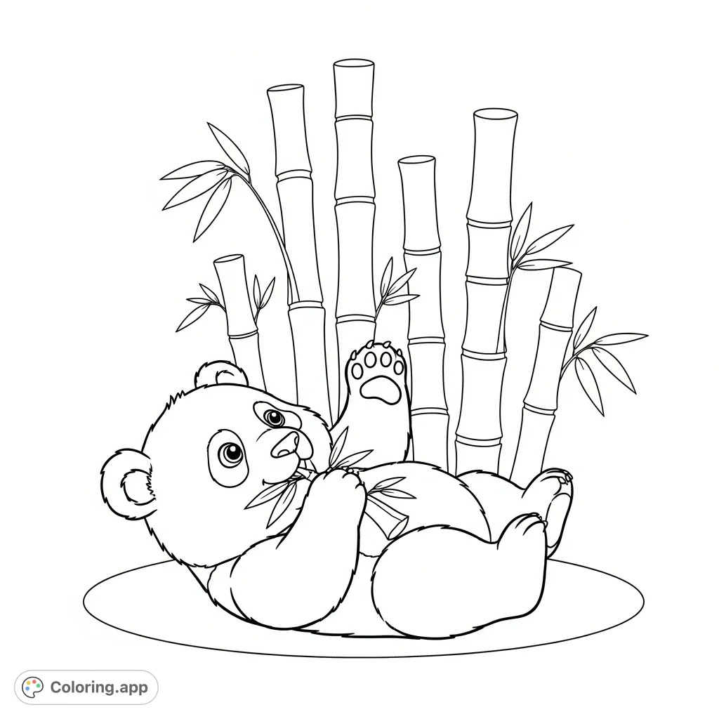 An adorable baby panda playfully rolls on its back, clutching a bamboo shoot. Features a charming scene with stylized bamboo in the background, perfect for all ages.