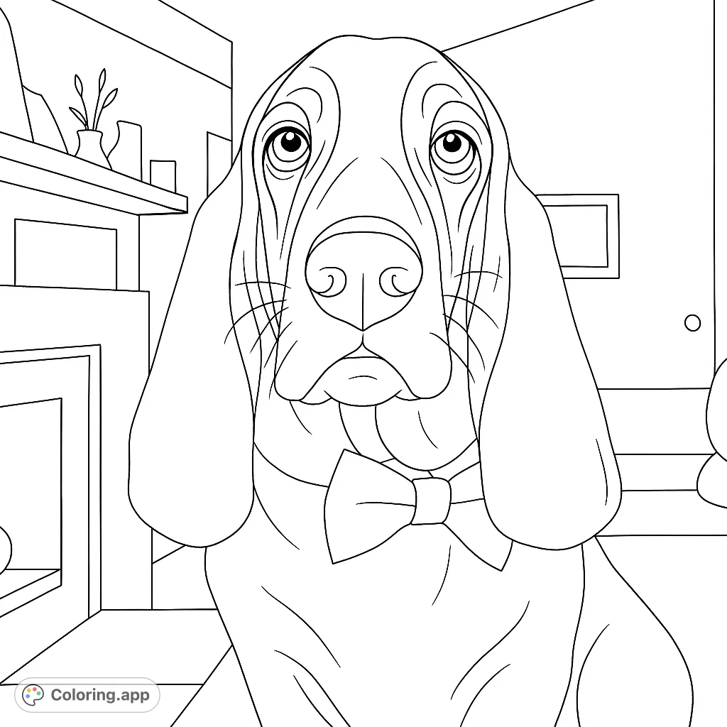 A charming Basset Hound wearing a bow tie, looking up with its characteristic gentle expression. Perfect for dog lovers to personalize with imaginative colors.