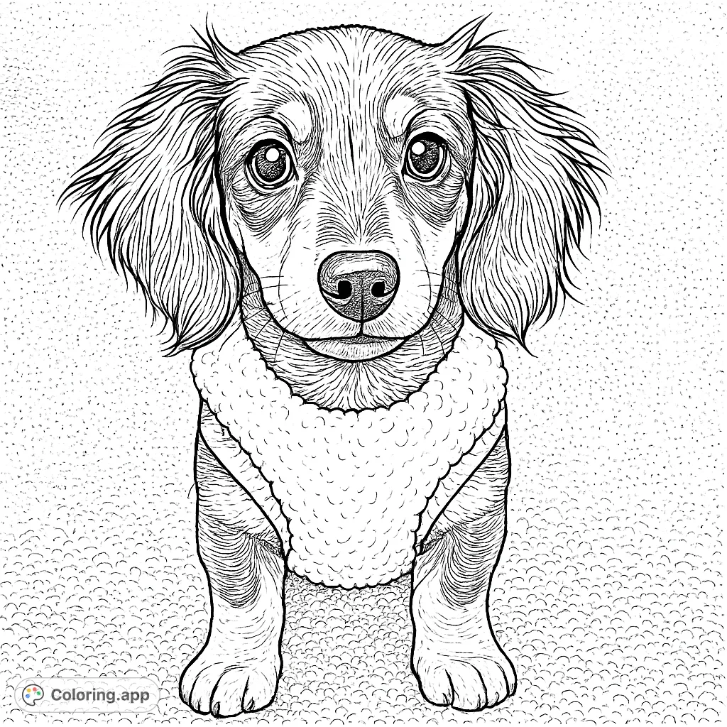 Adorable dachshund puppy, featuring expressive eyes and a cozy textured sweater, invites creativity. Perfect for dog lovers of all ages to color and enjoy.