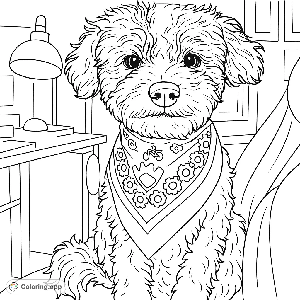 This delightful coloring page features an adorable fluffy dog wearing a stylish bandana with unique gear and bicycle patterns. Perfect for animal lovers of all ages!