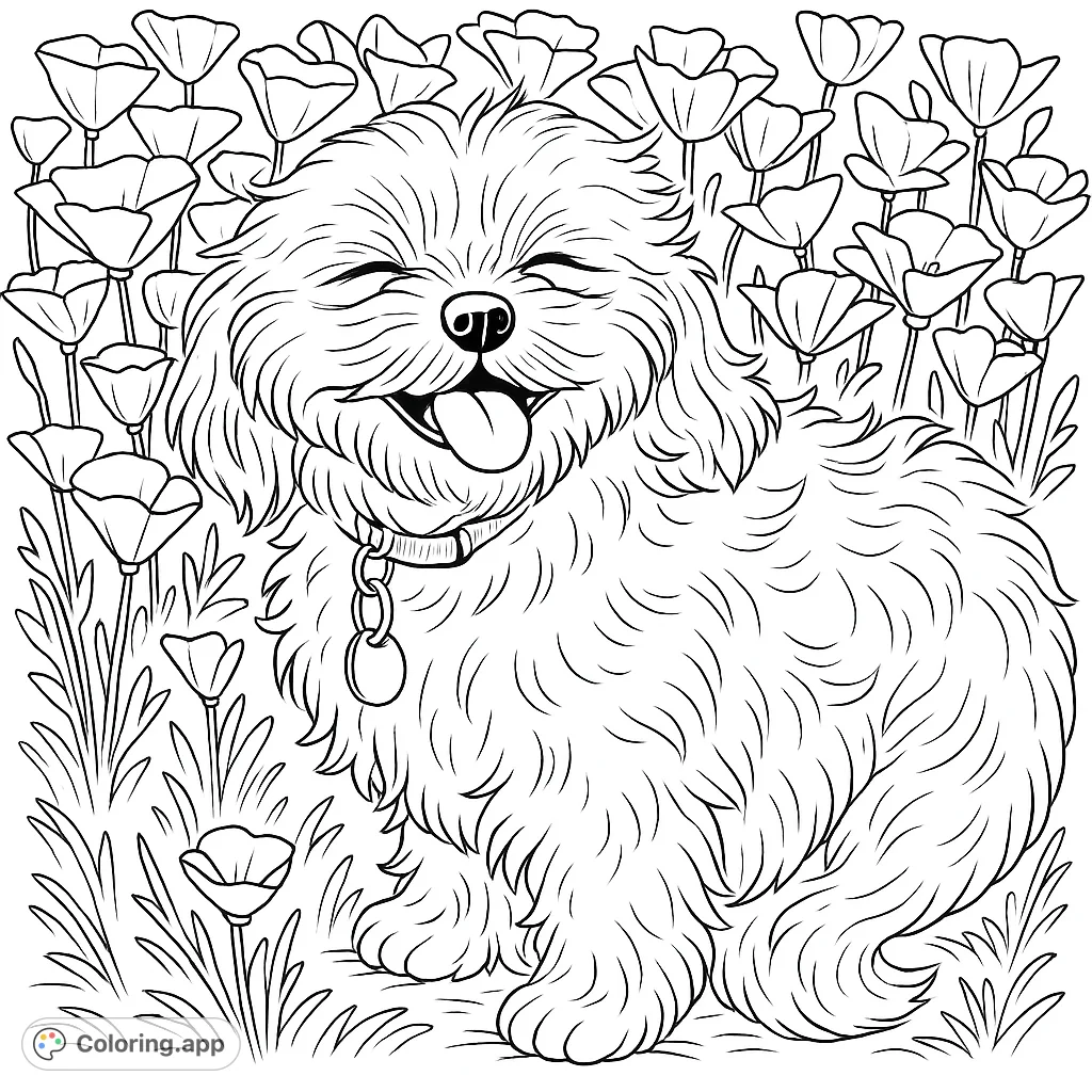 A delightful fluffy dog with a happy expression sits amidst a vibrant field of flowers. Perfect for dog lovers and nature enthusiasts.