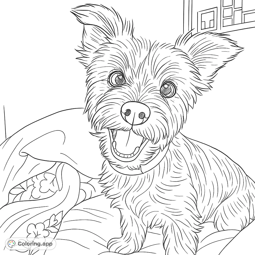 A cheerful, fluffy dog with perky ears sits happily on a patterned bed, ready for a playful coloring adventure.