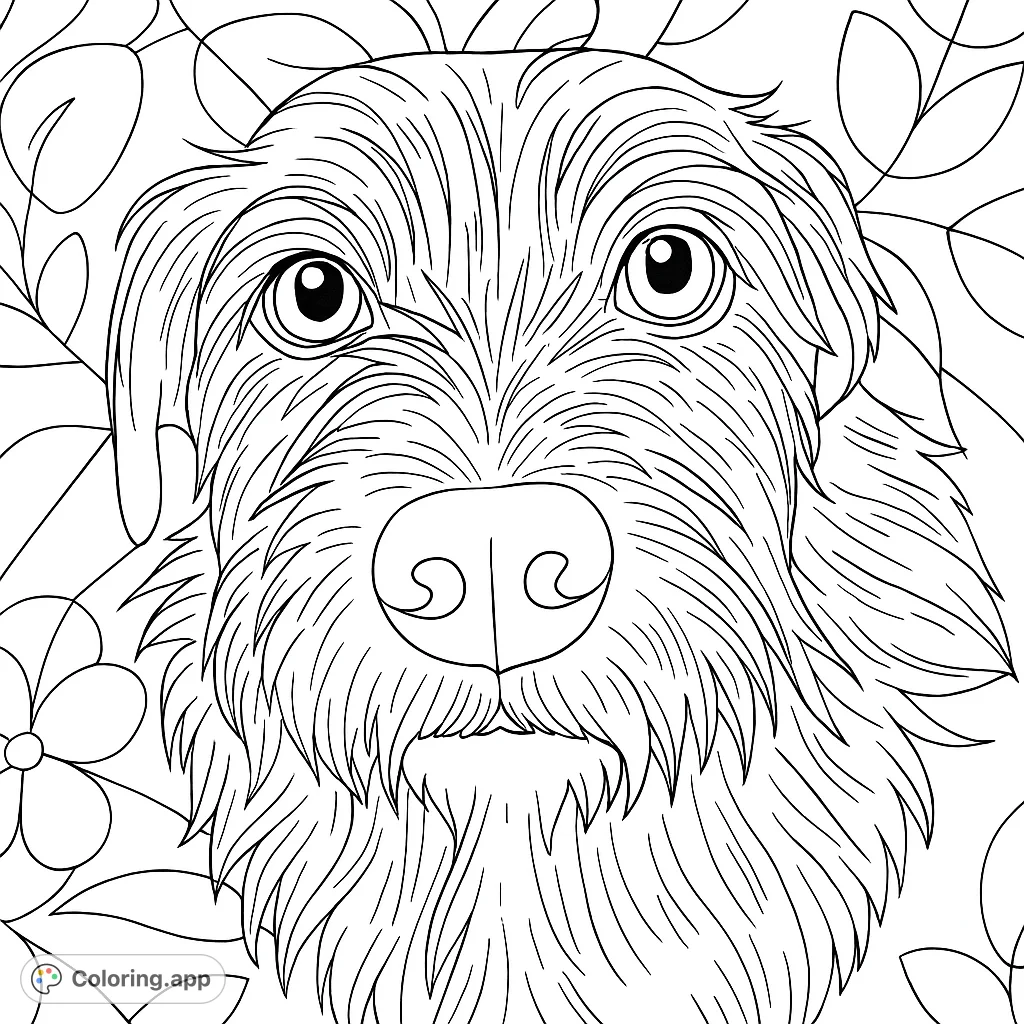 Capture the endearing gaze of a shaggy dog. This detailed portrait coloring page features textured fur and a patterned background, perfect for pet lovers.
