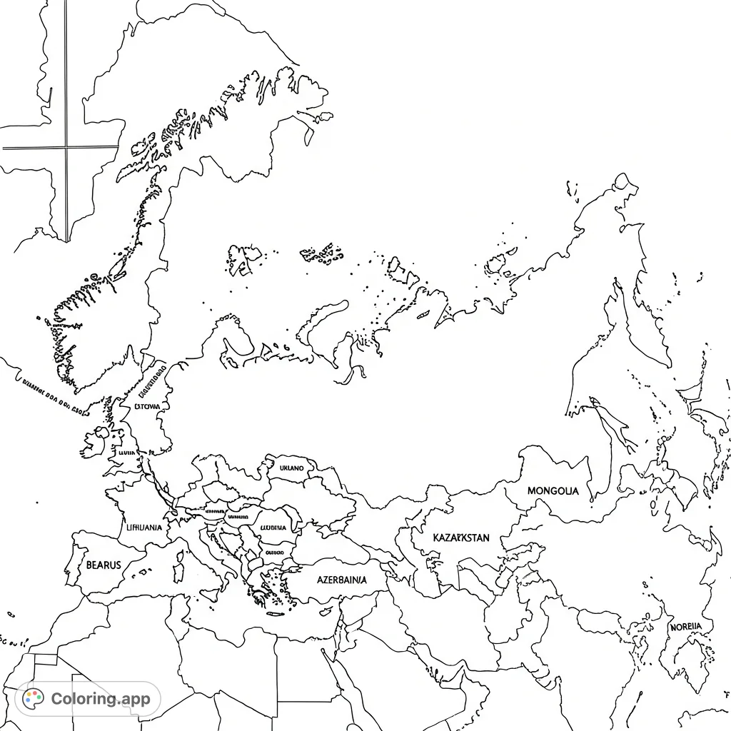Explore global geography with this detailed coloring page featuring Russia and all its neighboring countries, perfect for educational fun.