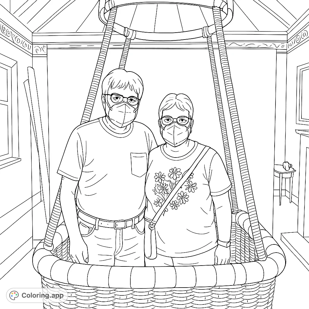 Soar into creativity! This hot air balloon coloring page features two adventurers in a detailed basket, ready for an imaginative journey through a sky with clouds.