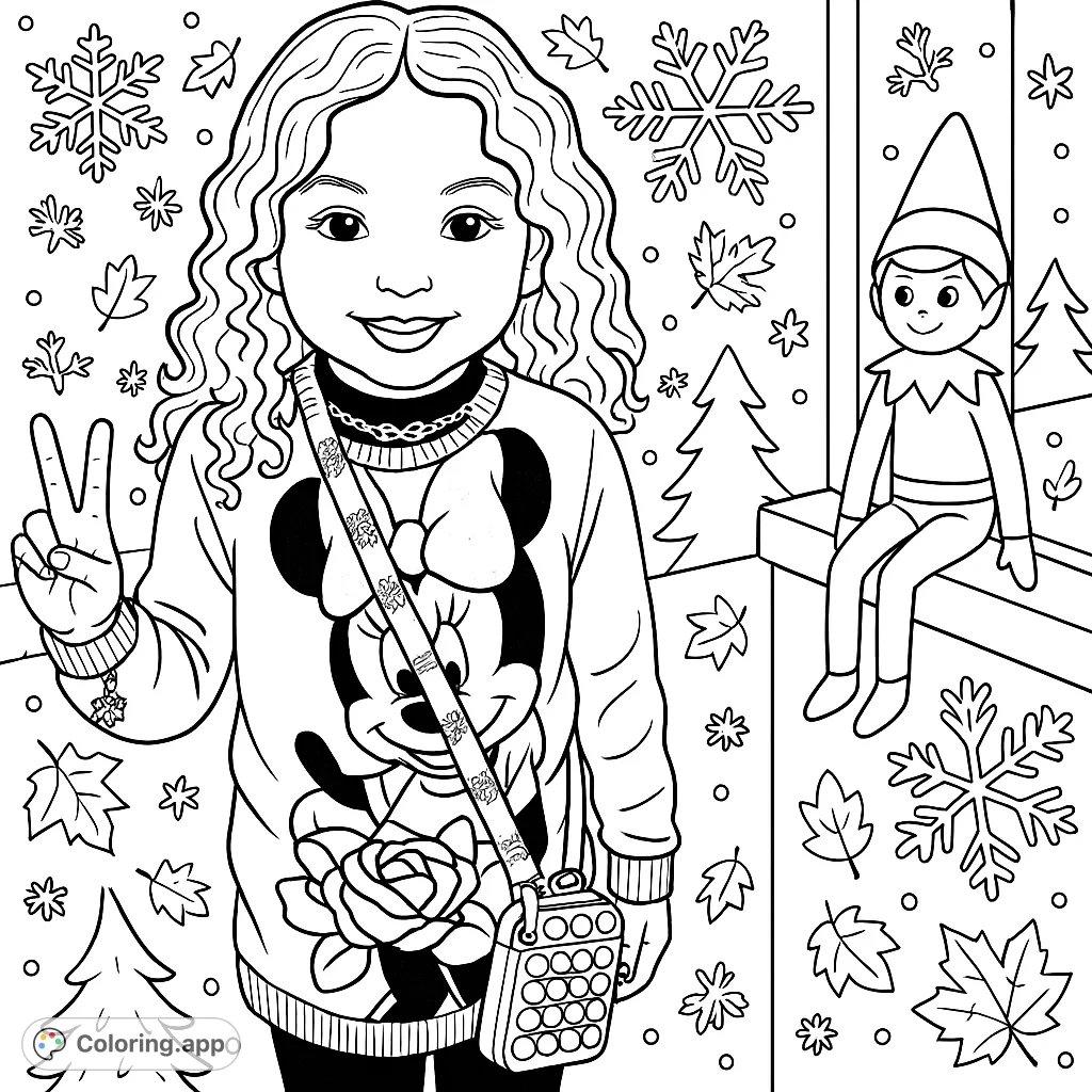 A joyful girl in a festive sweater and a charming elf on the shelf bring holiday cheer. Perfect for Christmas season coloring fun!