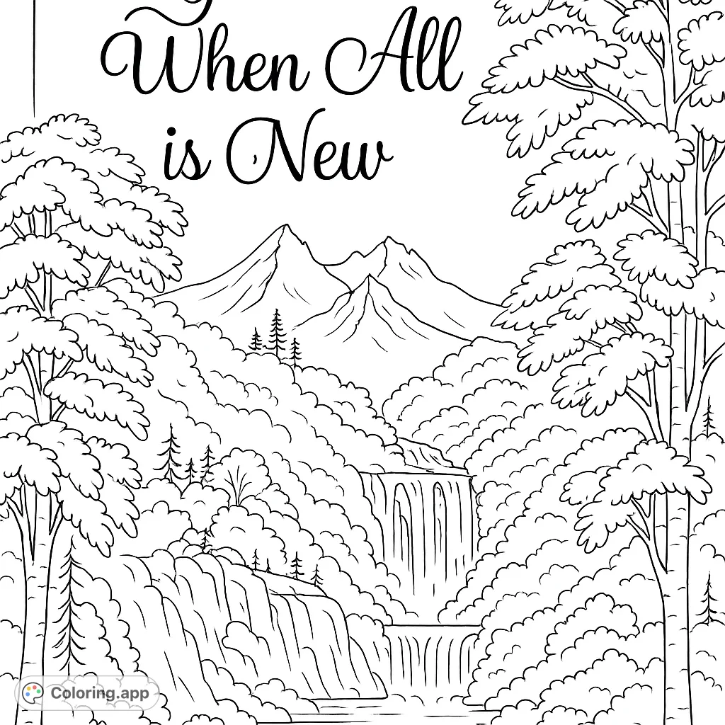 Immerse yourself in a beautiful natural landscape featuring a cascading waterfall, lush trees, and majestic mountains. A serene escape for creative expression.