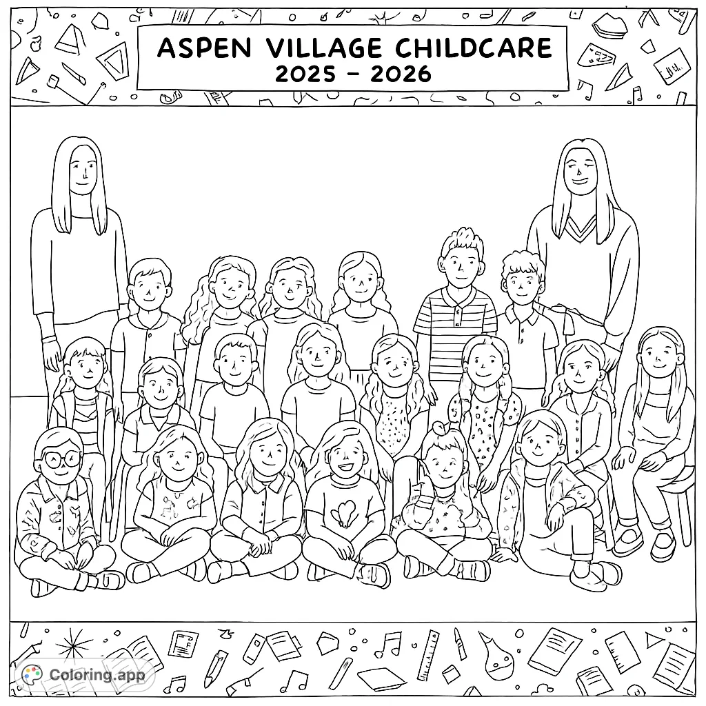 Capture the joy of a childcare group with this detailed coloring page featuring children and teachers. Perfect for celebrating friendships and school memories.