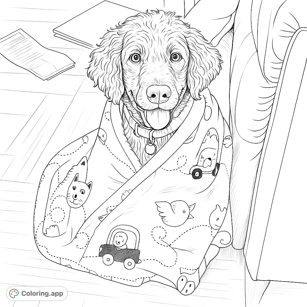 Snuggle up with this adorable happy dog wrapped in a cozy patterned blanket. A charming scene perfect for a relaxing coloring session for all dog lovers!