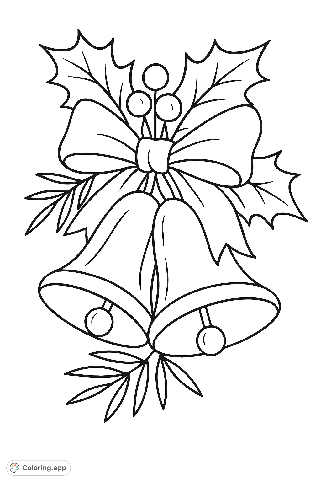 A festive coloring page featuring two charming bells adorned with a graceful bow, holly leaves, and berries, perfect for holiday cheer.