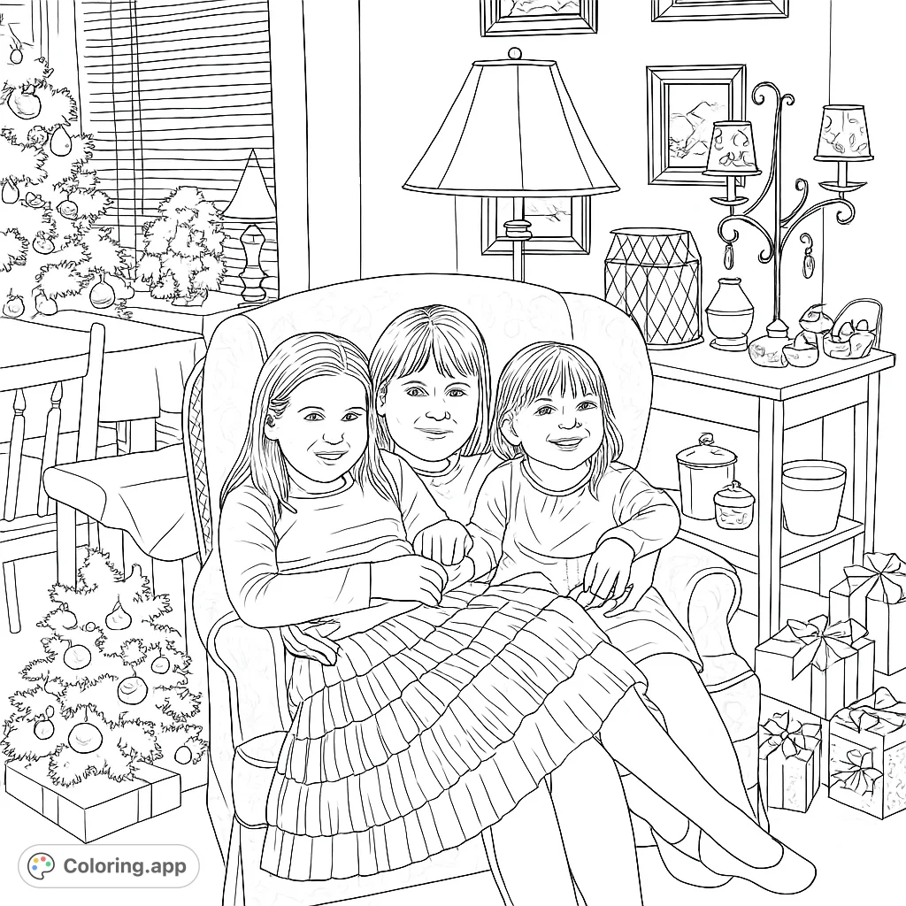 A heartwarming festive gathering featuring three cheerful siblings in a cozy, decorated room, perfect for a relaxing coloring experience.
