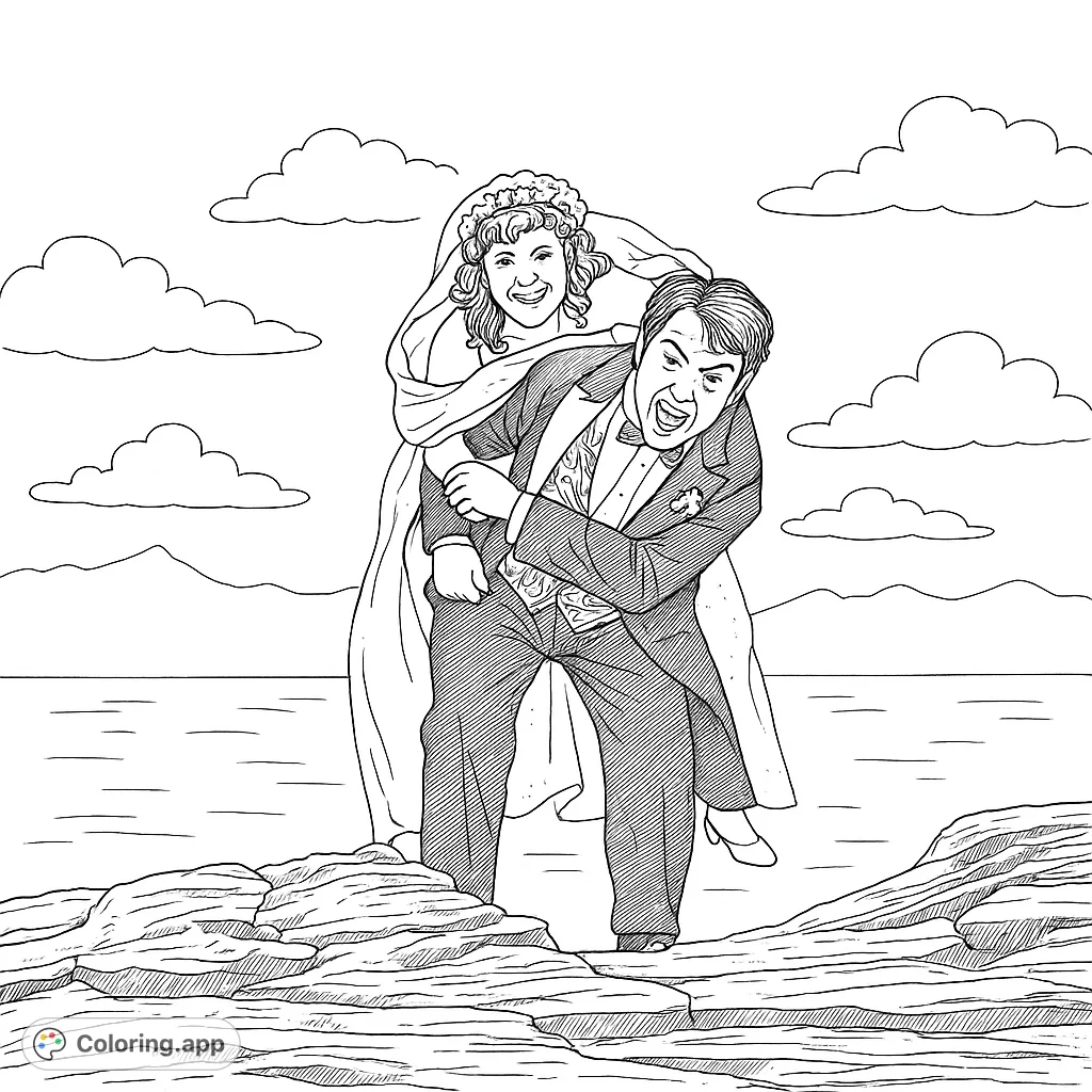 Capture the happiness of a wedding day with this joyful scene of a groom giving his bride a piggyback ride on a scenic rocky outcrop.