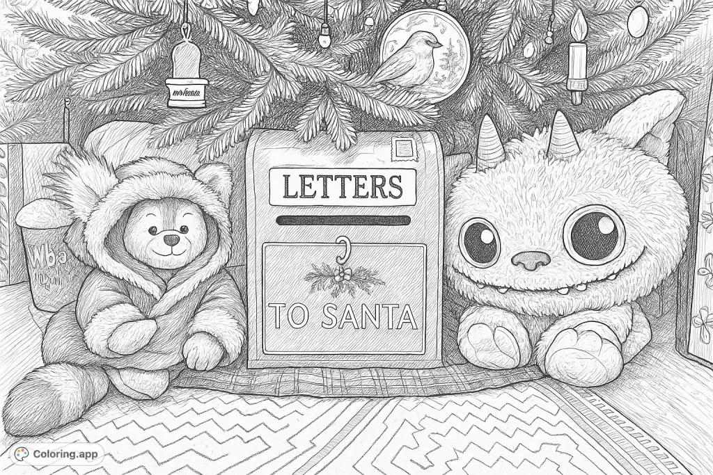 A charming festive scene featuring a 'Letters to Santa' mailbox, a playful red panda plush, and a friendly monster plush under a sparkling Christmas tree.