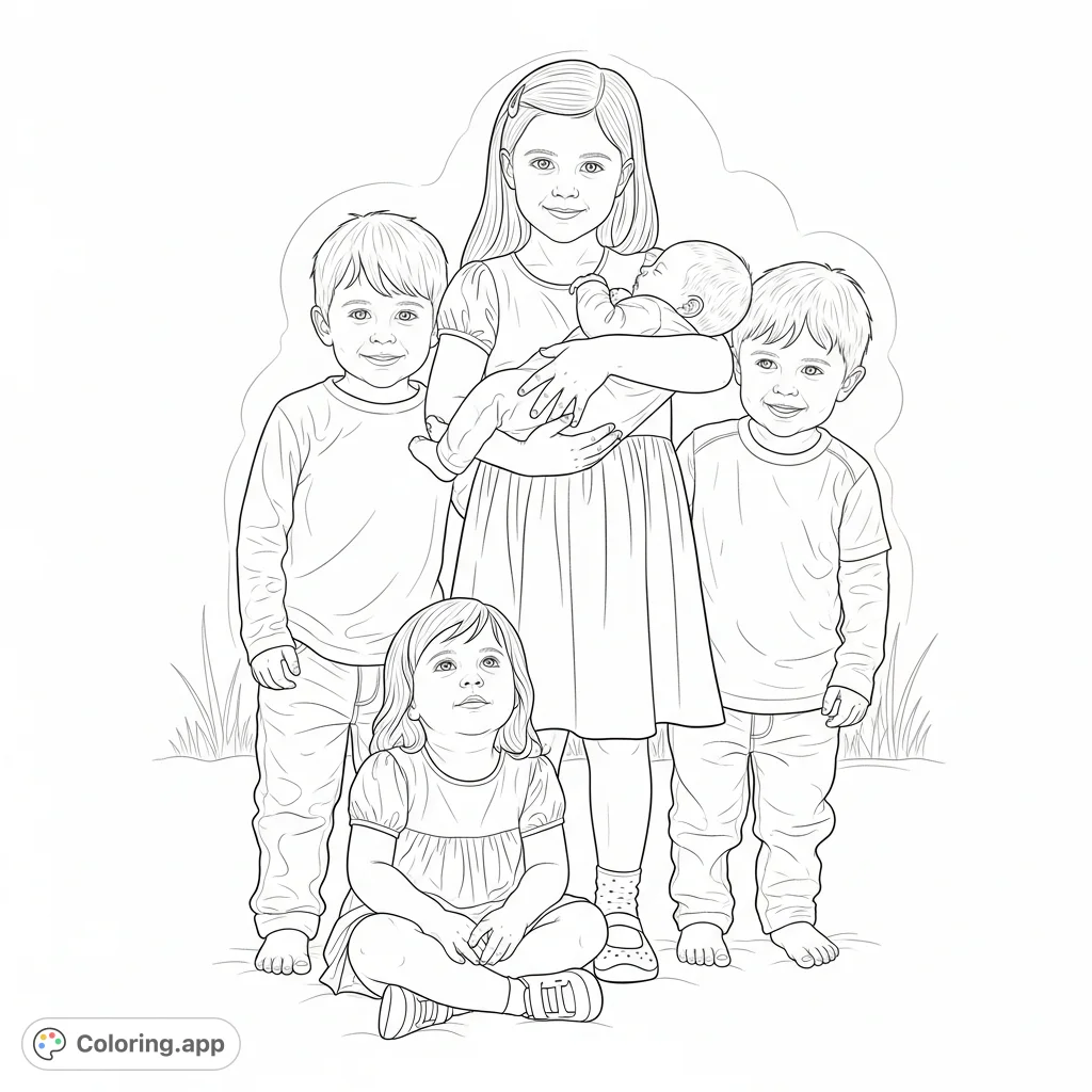 Capture the heartwarming bond of five siblings, from newborn to nine years old, in this detailed, realistic portrait. A beautiful family scene.
