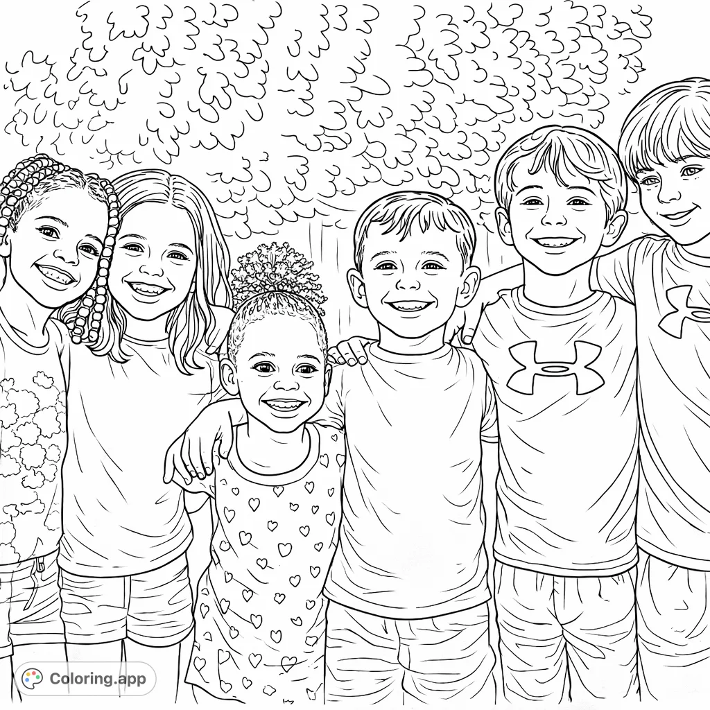 A heartwarming coloring page featuring a diverse group of happy children smiling and posing together outdoors. Perfect for all ages.