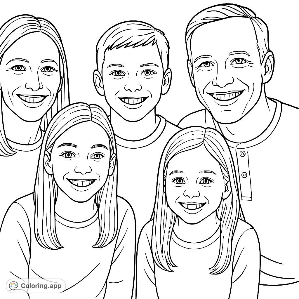 A heartwarming family portrait featuring five smiling members, perfect for personalizing with your favorite shades. Celebrate family bonds with this cheerful scene.
