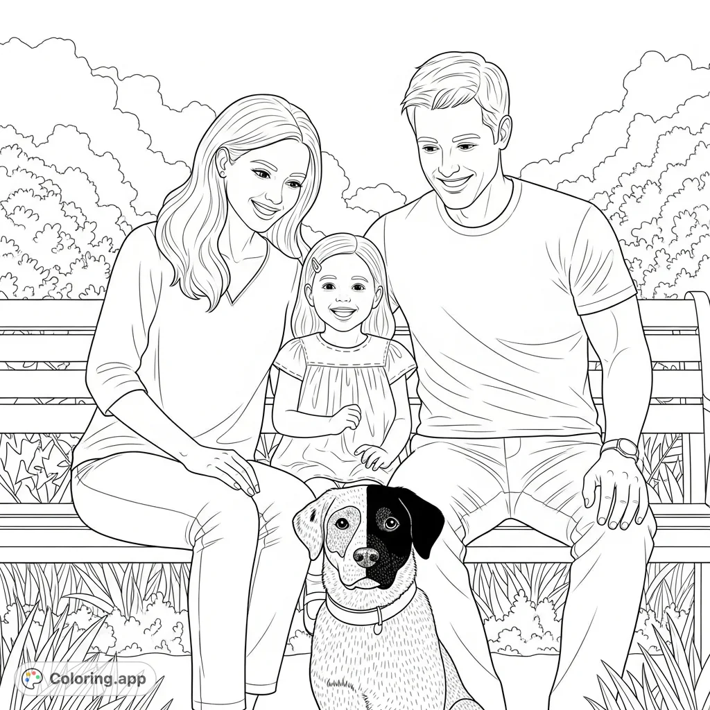 A heartwarming family coloring page featuring a mom, dad, little girl, and their pet dog, capturing a moment of togetherness in a park setting.