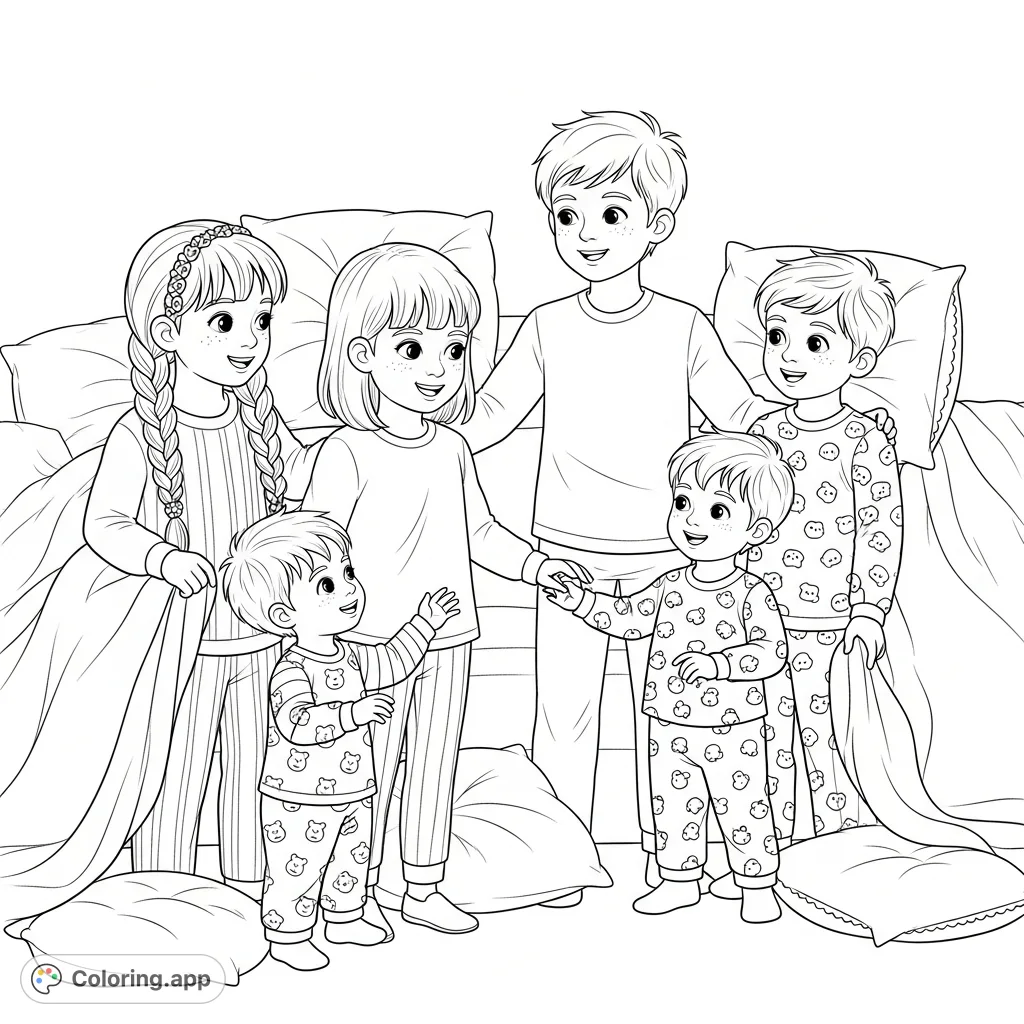 A delightful pajama party coloring page featuring two girls and three boys in a cozy setting, perfect for imaginative play and creative expression.