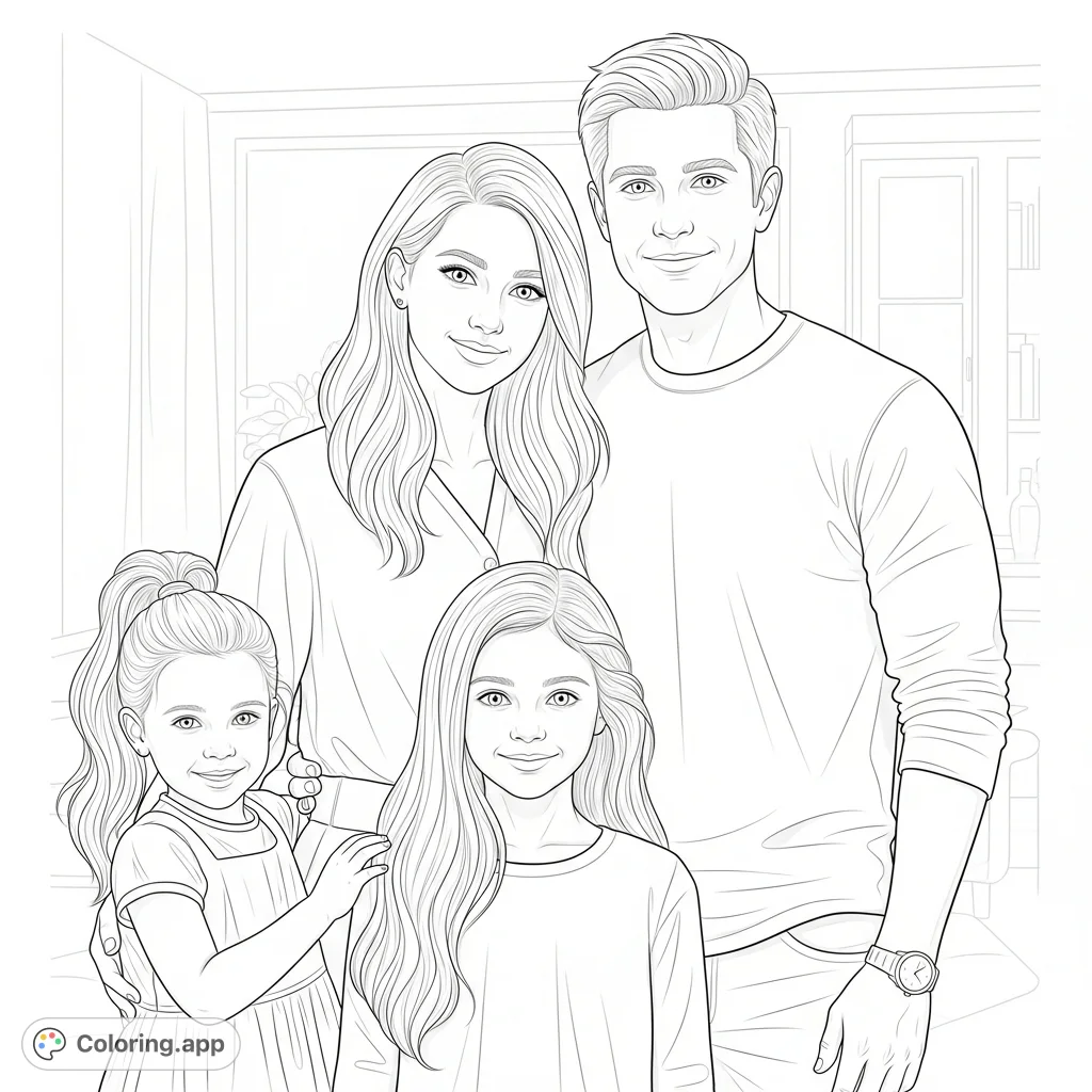 A heartwarming realistic family portrait featuring a teen mom, dad, and their two daughters. Ideal for personalizing with diverse skin tones and hair textures.