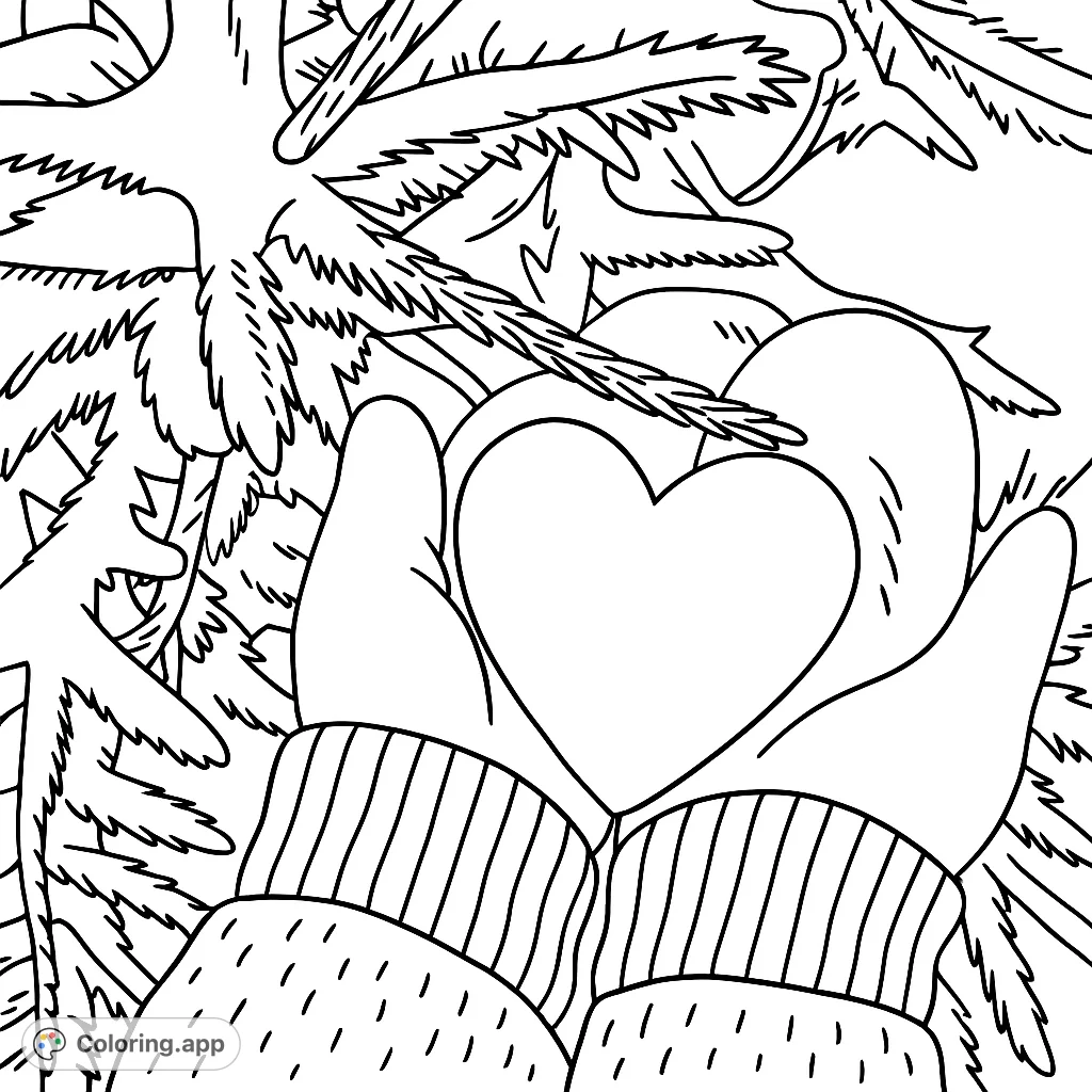 A heartwarming winter scene featuring hands in cozy mittens holding a perfect heart-shaped snowball amidst snow-covered pine branches. Ideal for all ages.