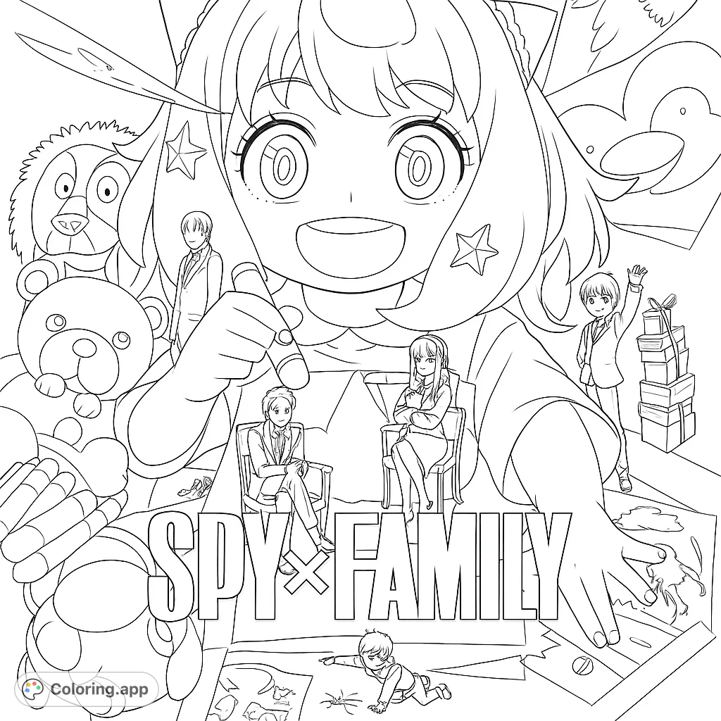 A whimsical Spy Family coloring page featuring a large-faced character drawing amidst smaller figures, stuffed toys, and creative supplies.