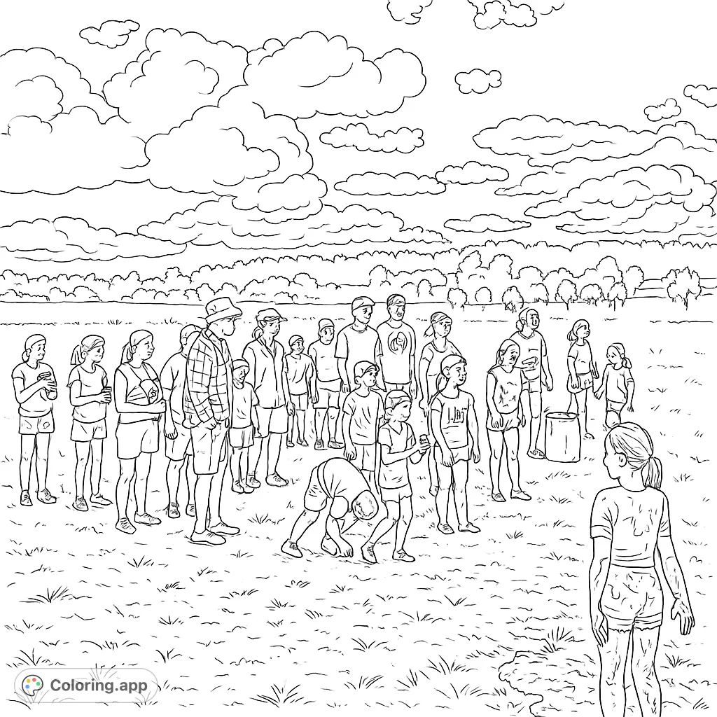 Dive into a fun-filled muddy adventure coloring page! Featuring a large group of children and adults enjoying messy outdoor play in an open field under a cloudy sky.