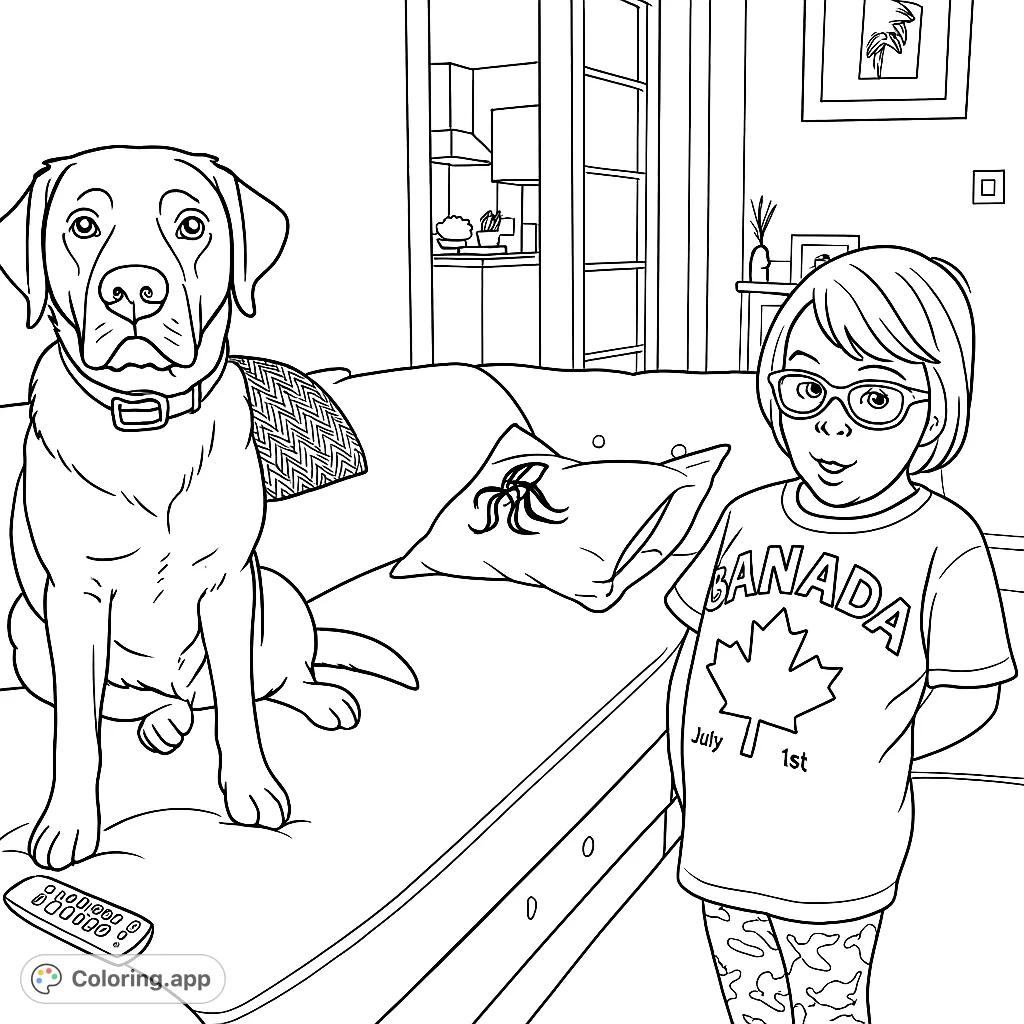 A heartwarming living room scene featuring a loyal dog and an expressive child with a maple leaf shirt. Perfect for all ages to personalize with creative colors.
