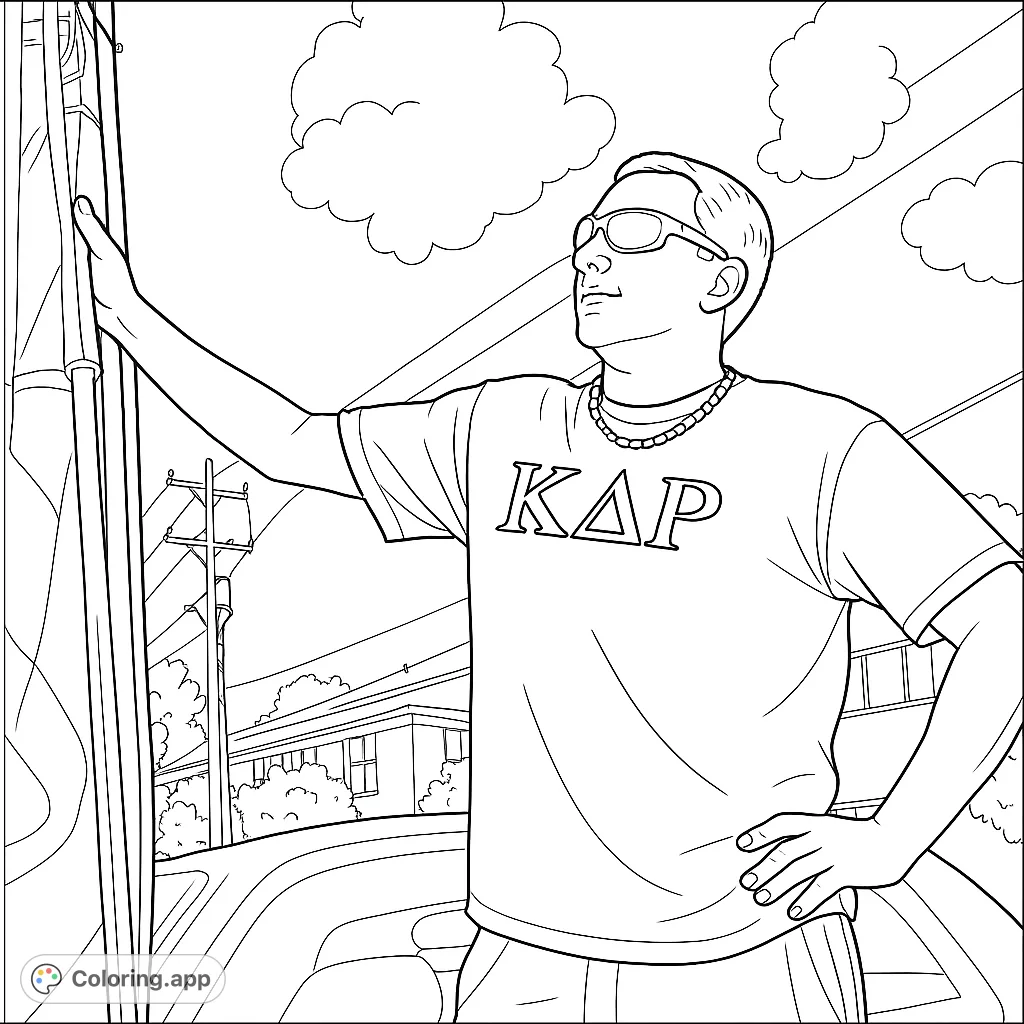 A confident young man in sunglasses holds a flag, standing against a backdrop of buildings and a cloudy sky, ready for adventure.