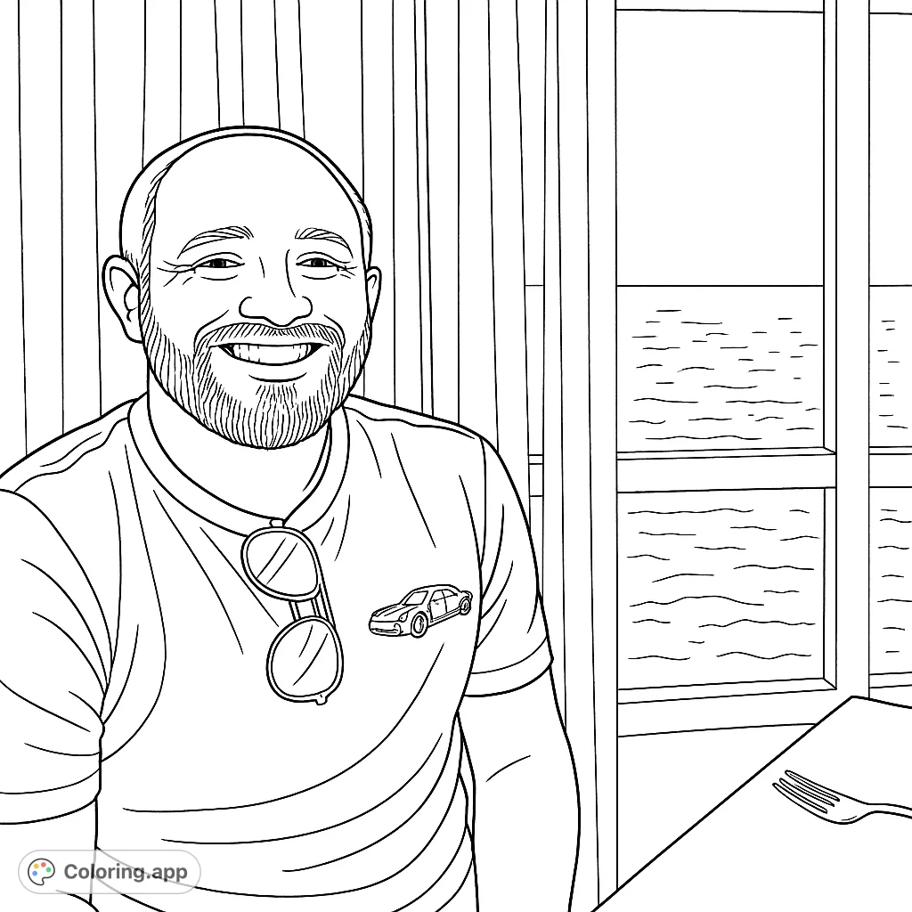 A smiling man with a beard and sunglasses, enjoying a serene ocean view through a large window. Features a detailed car emblem on his shirt.