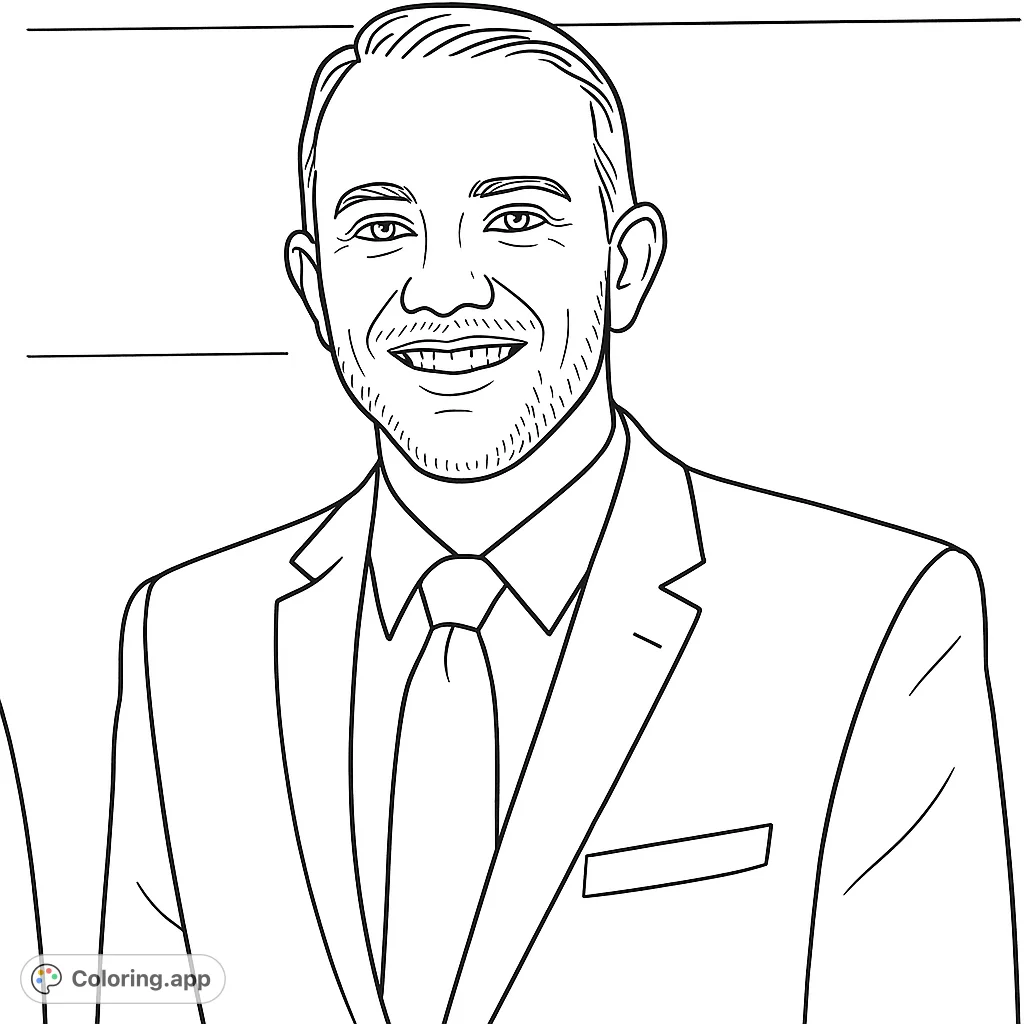 A friendly man in a suit and tie, smiling warmly. This portrait offers a simple yet engaging coloring experience for all ages.