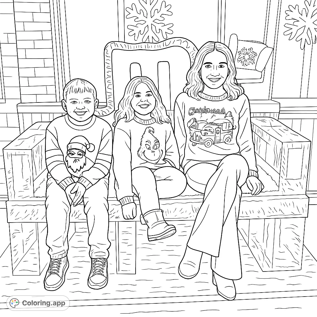 Three smiling children sit on a unique ice-like chair with a large 'M', featuring detailed festive sweaters and a charming storefront background. A delightful holiday scene.