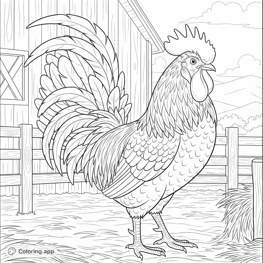A detailed coloring page featuring a majestic rooster with an elaborate fanning tail, standing proudly in a rustic farmyard setting. Perfect for adults.