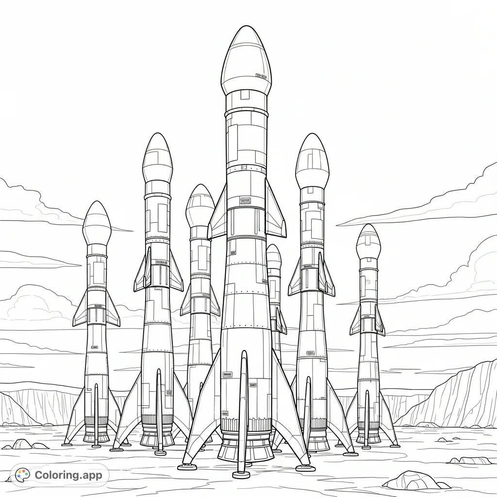 Uniquely shaped rocket structures with prominent forms stand ready for launch on a desolate plain. A distinctive adult coloring page for creative expression.