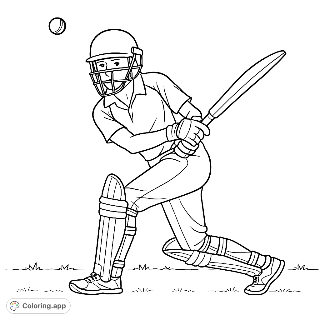 An energetic cricket batter in full gear, captured mid-swing with a ball in the air. Perfect for sports fans and aspiring athletes to color.