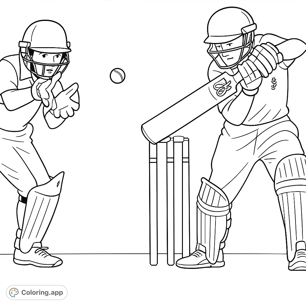 Immerse yourself in the thrill of a cricket match! This detailed coloring page captures a batter hitting a ball and a wicket-keeper poised for the catch.