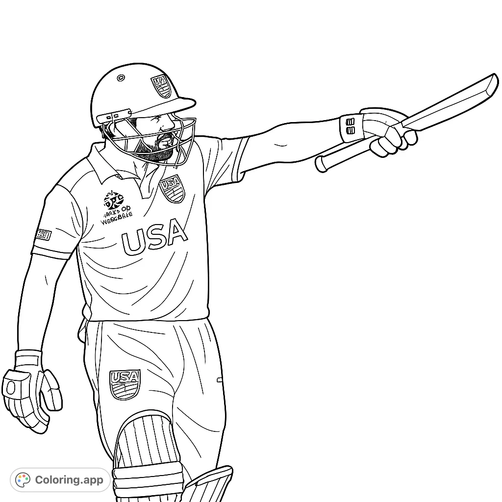 Dynamic cricket player in full gear, holding a bat and pointing, captured in a thrilling moment on the field. Perfect for sports enthusiasts to color!