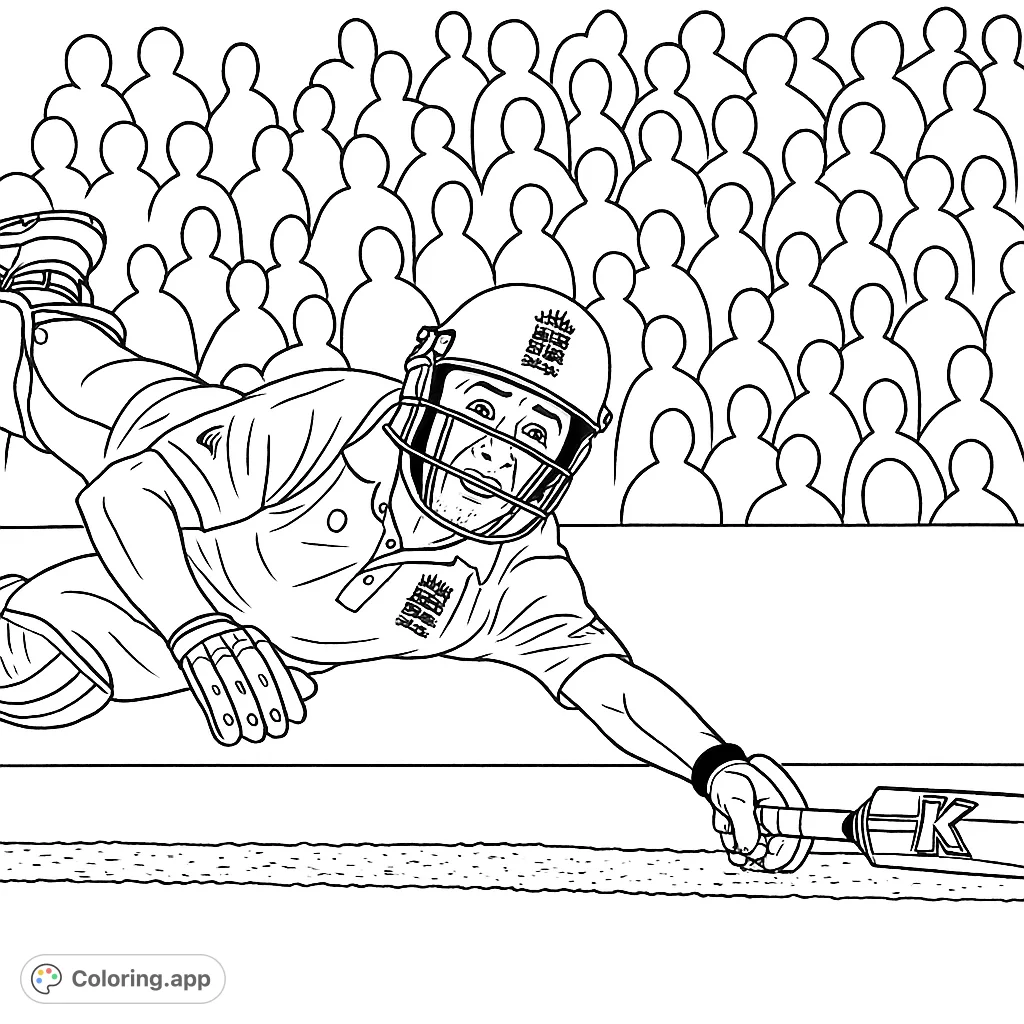 Dynamic cricket coloring page featuring a player in a diving catch, perfect for sports enthusiasts. Detail the uniform, bat, and stadium.
