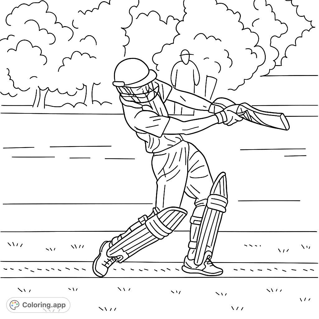 Capture the thrilling action of a cricket player mid-swing with this dynamic cricket coloring page. Perfect for sports fans and aspiring athletes to customize.