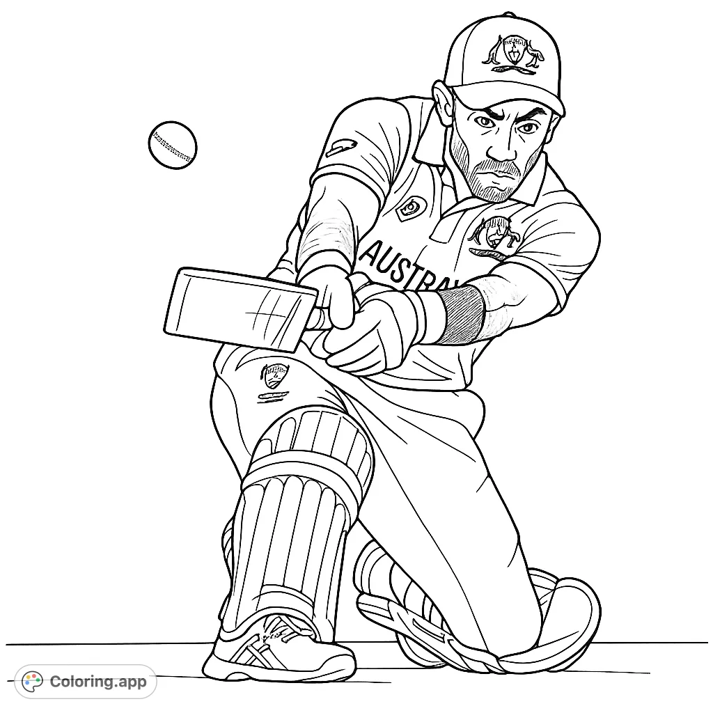 Capture the dynamic energy of a cricket player mid-swing, hitting a fast-moving ball in a stadium setting. A perfect sports-themed coloring page.