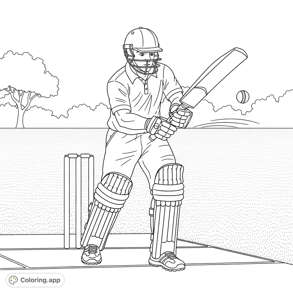 Capture the excitement of cricket with a batsman in mid-stroke. Detailed gear, a wooden bat, and a ball in flight on a grassy pitch with distant trees.