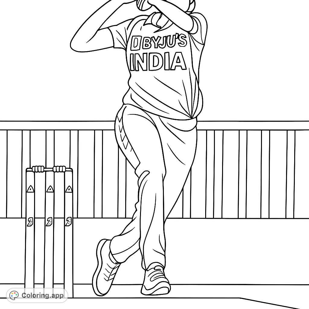 Capture the energy of a female cricket player mid-delivery with this engaging coloring page, ideal for sports enthusiasts and creative minds.
