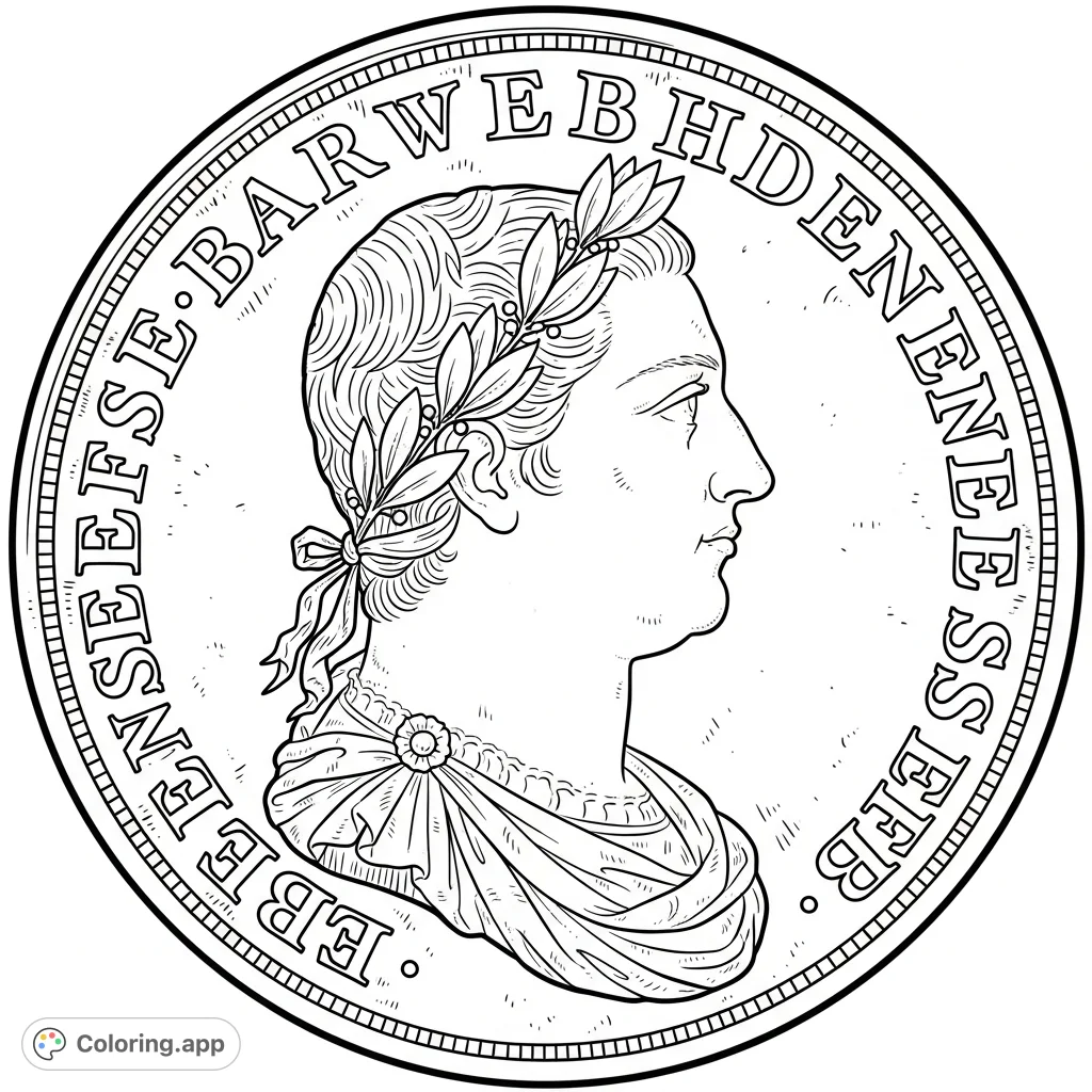 Explore the historic 'heads' side of a Dutch copper duit. A regal profile, laurel wreath, and intricate inscriptions offer a detailed coloring challenge.