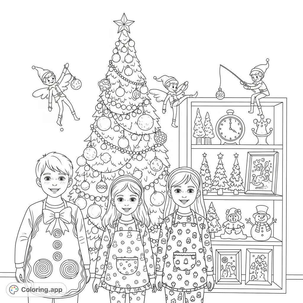 Three cheerful children in aprons and pajamas stand before a beautifully decorated evergreen tree with elf dolls and a festive shelving unit. A heartwarming scene of holiday joy, perfect for a free printable coloring page.