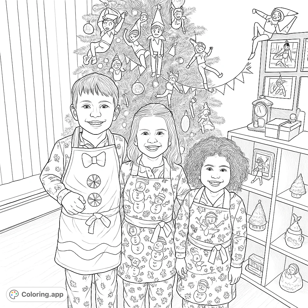 A festive holiday scene featuring three cheerful children in themed aprons and pajamas, by a decorated Christmas tree with mischievous elf dolls.