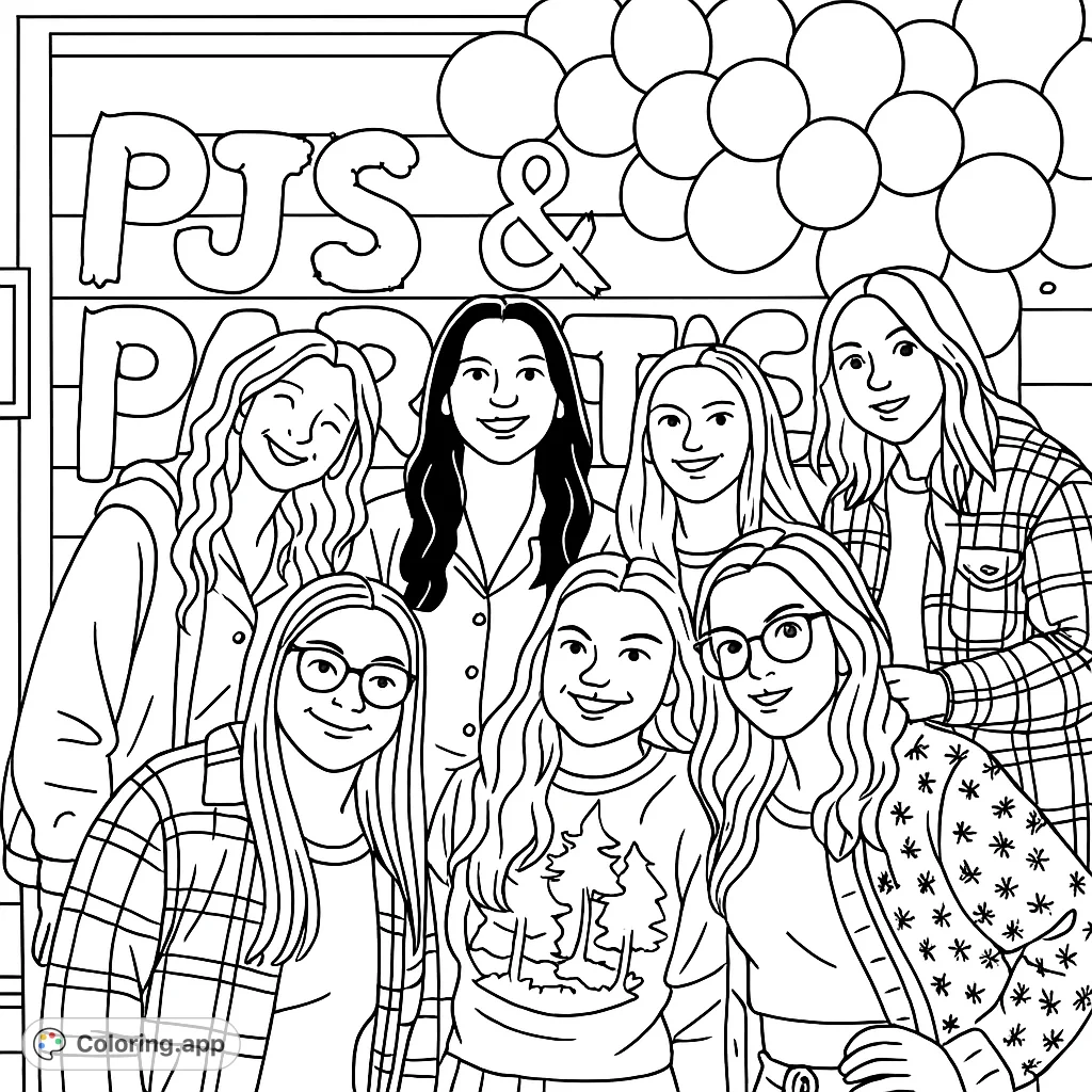 Gather your best friends for a fun coloring session! This page features seven smiling women at a lively pajama party, surrounded by festive balloons.
