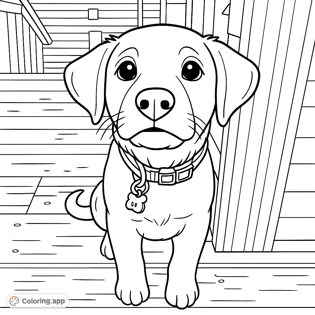 An adorable puppy sits patiently on a wooden deck, wearing a patterned collar with a small tag. This charming puppy coloring page offers moderate detail, perfect for all ages.